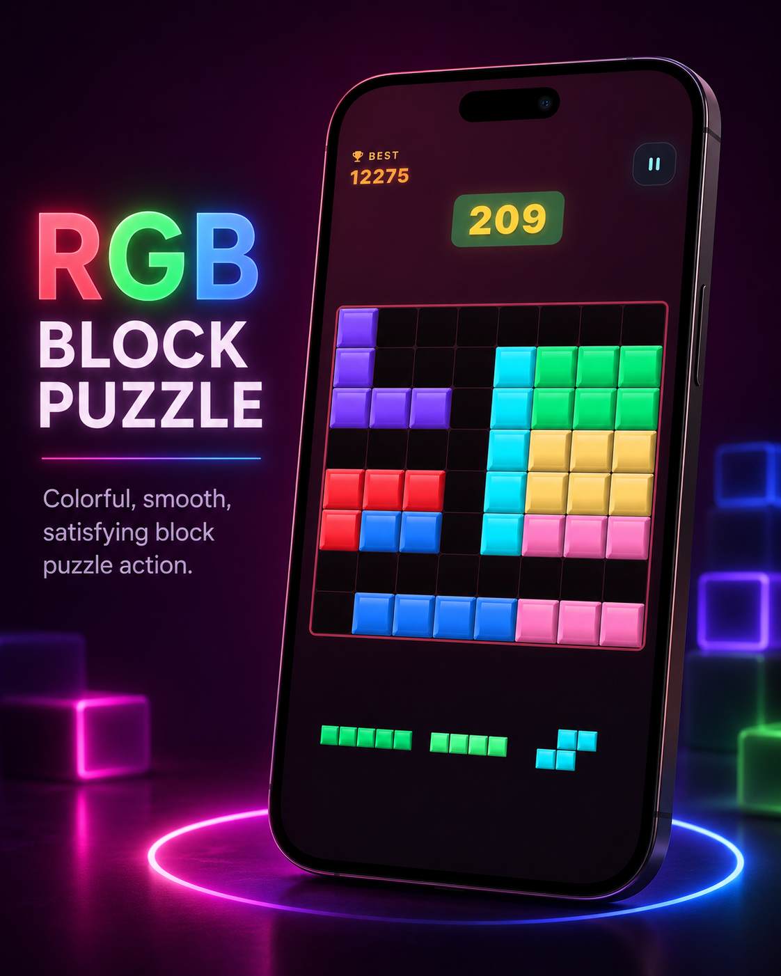 RGB Block Puzzle gameplay preview displayed on a smartphone